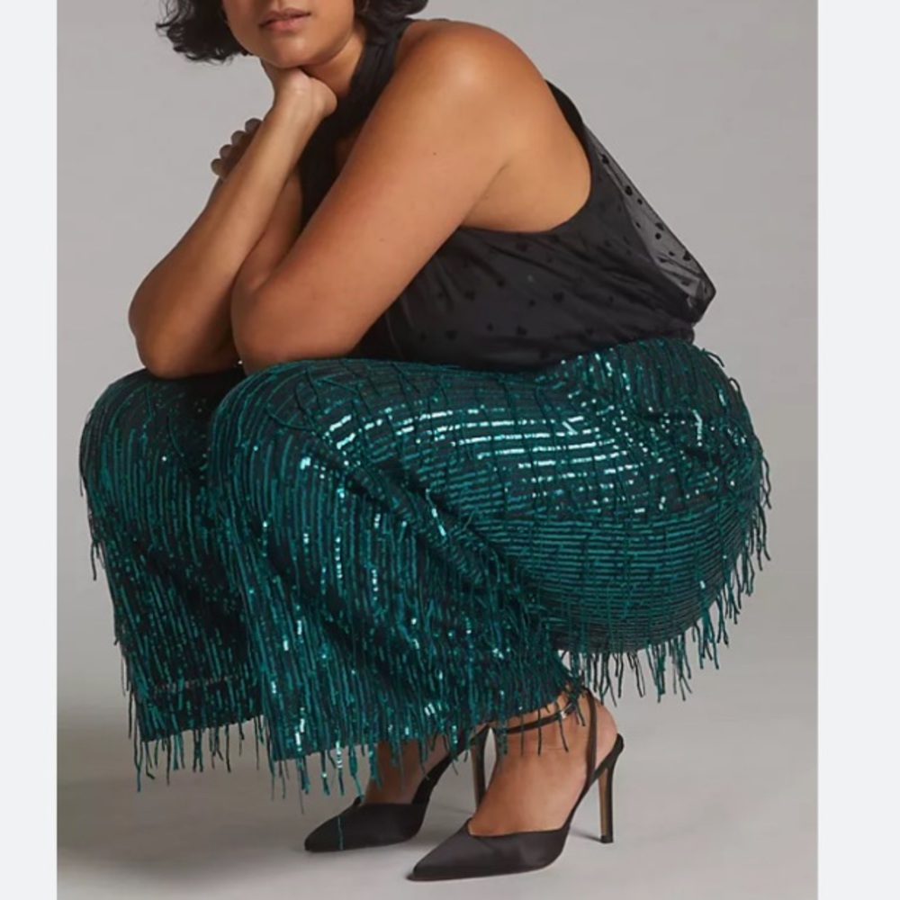 NWT Anthropologie Teal Sequin Feather Pants Size 20